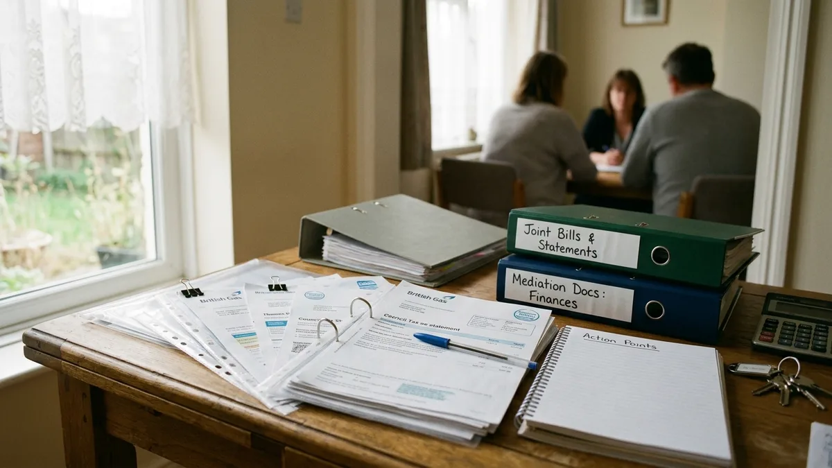 Ring binders labelled joint bills and mediation documents beside statements on a table