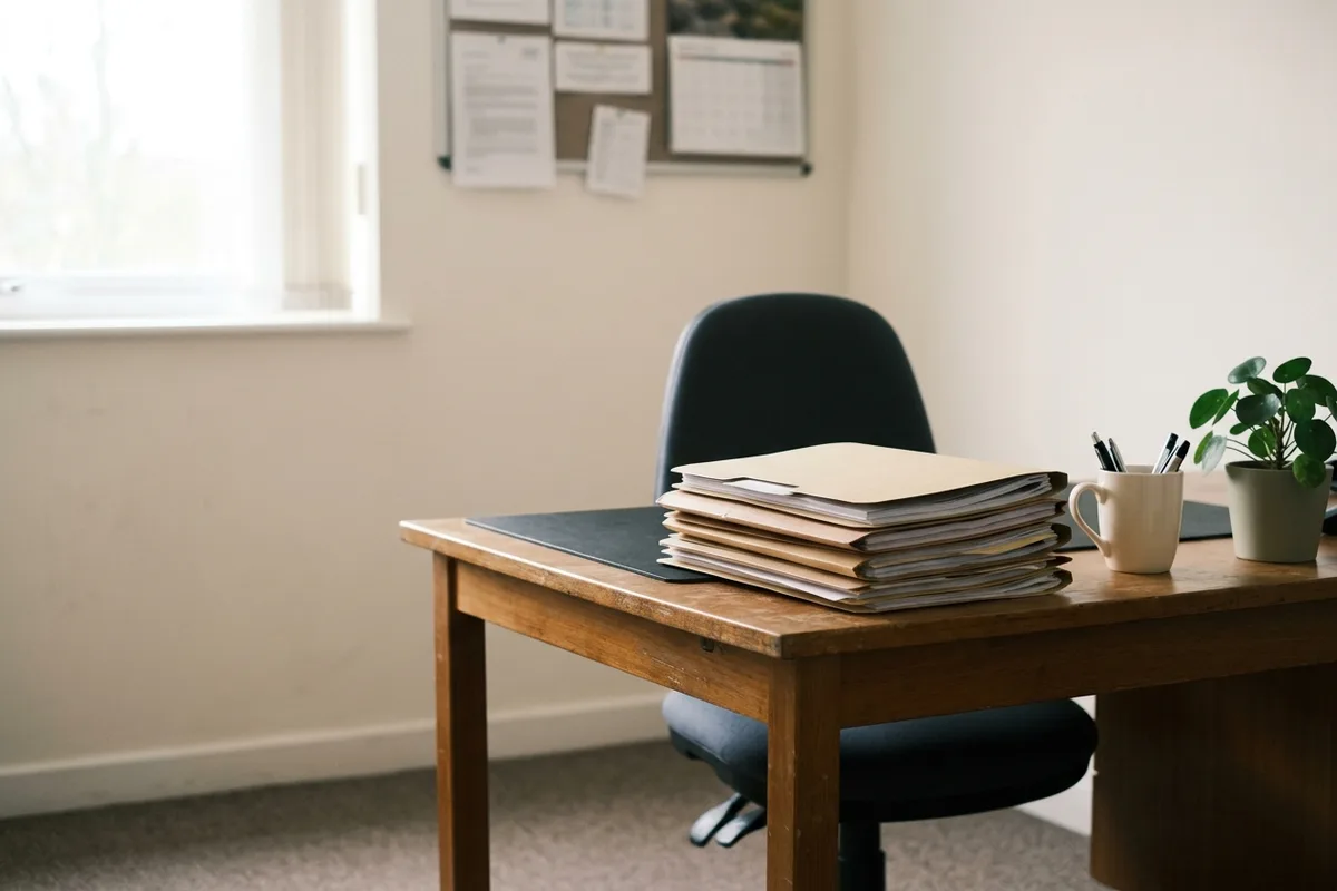 An empty desk with a stack of case files, a chair pushed back, notices on the wall