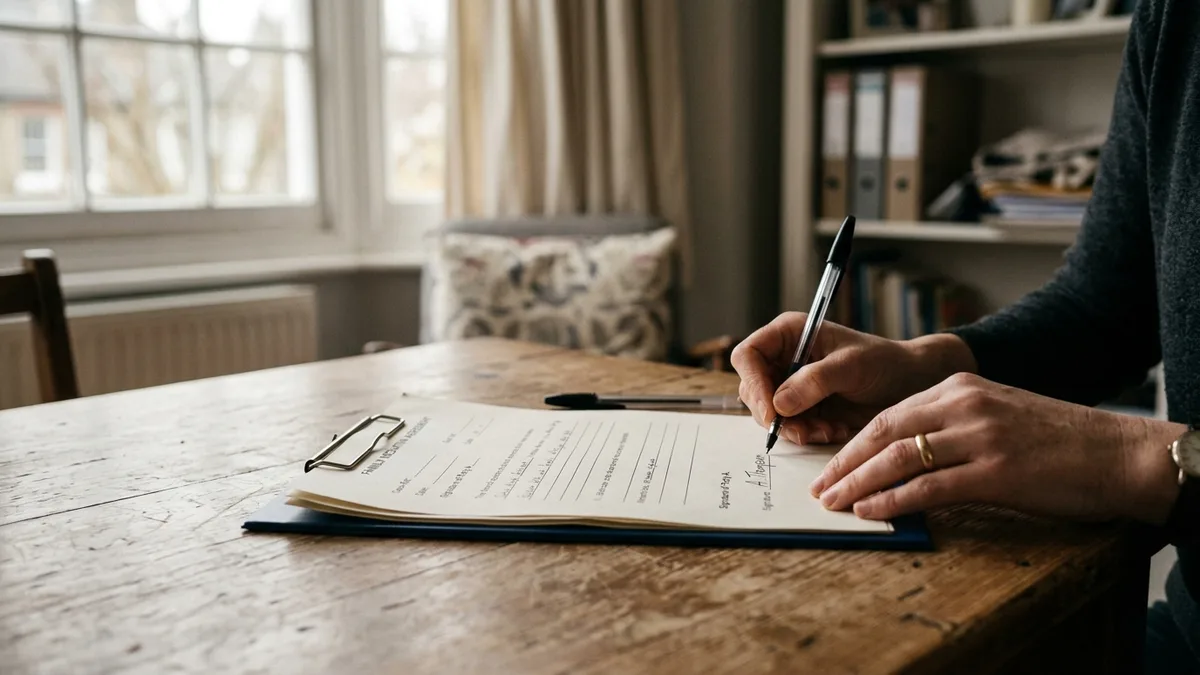 Close-up of a hand signing a form on a clipboard at a wooden table