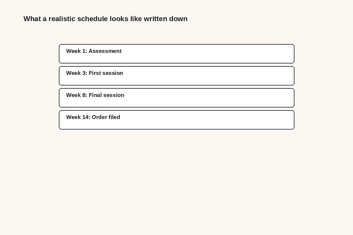 Diagram: a schedule written down: week 1 assessment, week 3 first session, week 8 final session, week 14 order filed