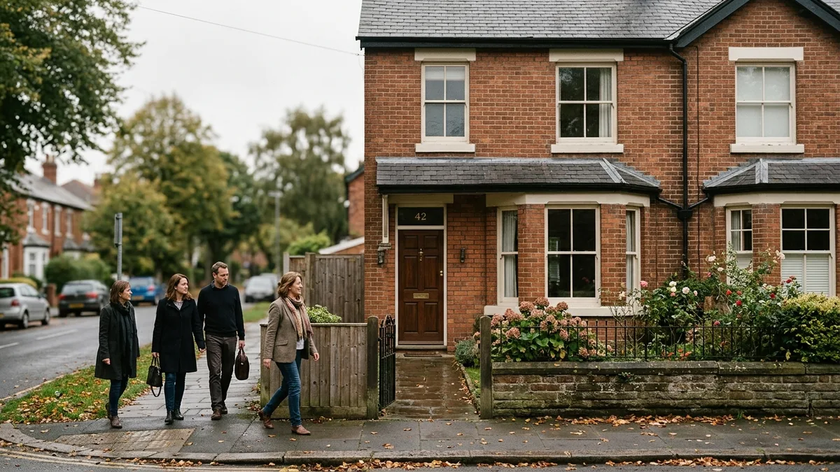 A family walking past a red brick terraced house on a residential street