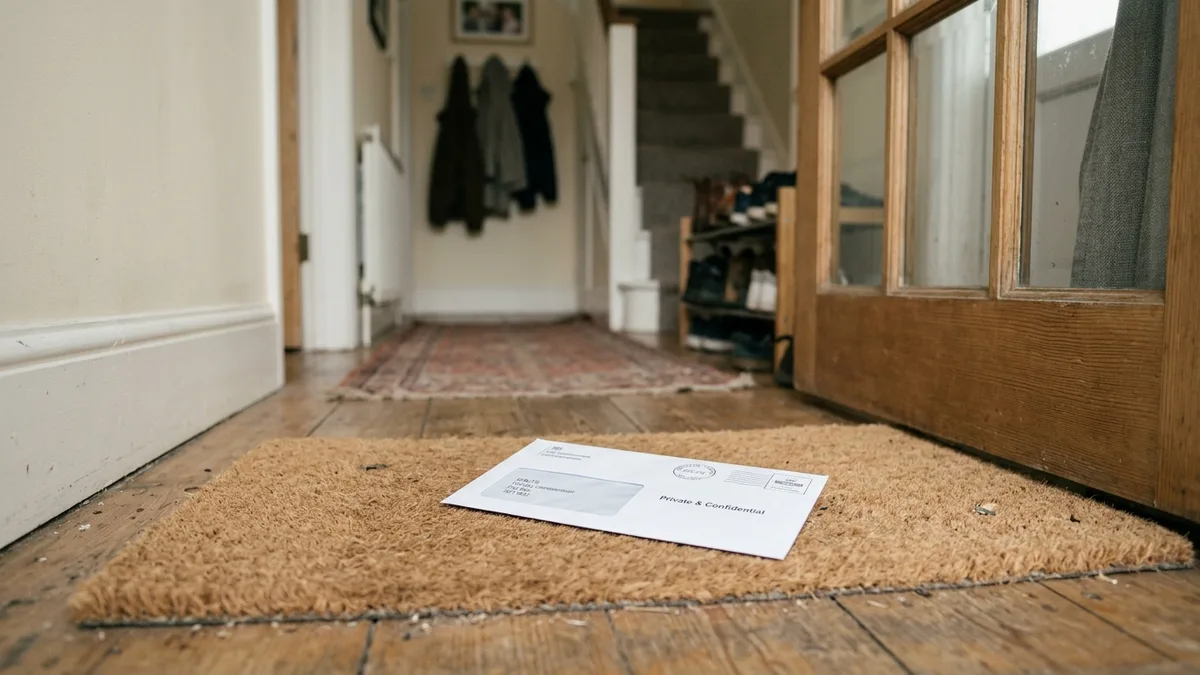 A letter lying on a doormat inside a front door