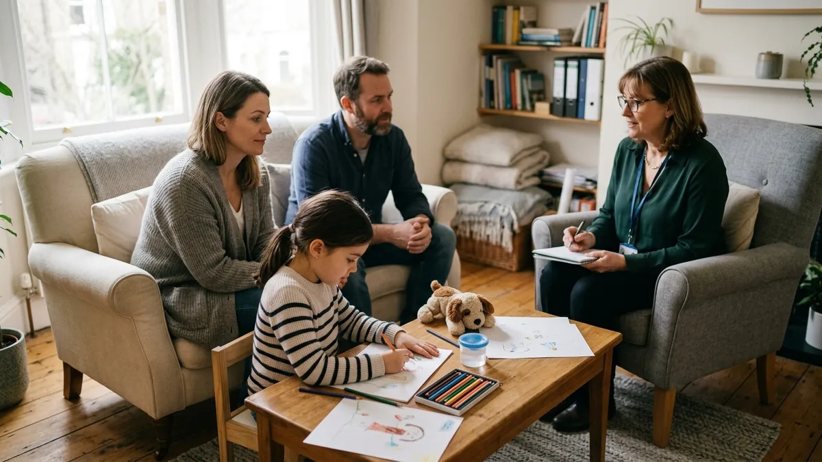 Two parents and a child in a sitting room with a mediator, the child drawing