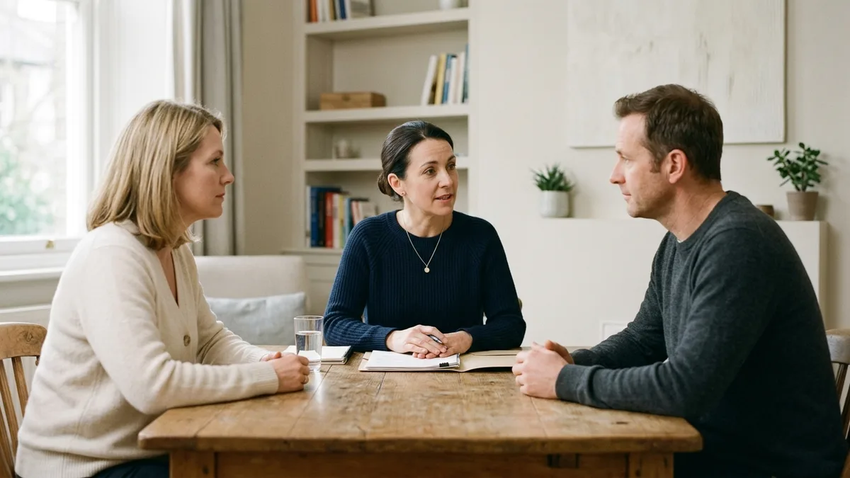 Two clients sitting either side of a mediator at a table in a bright room