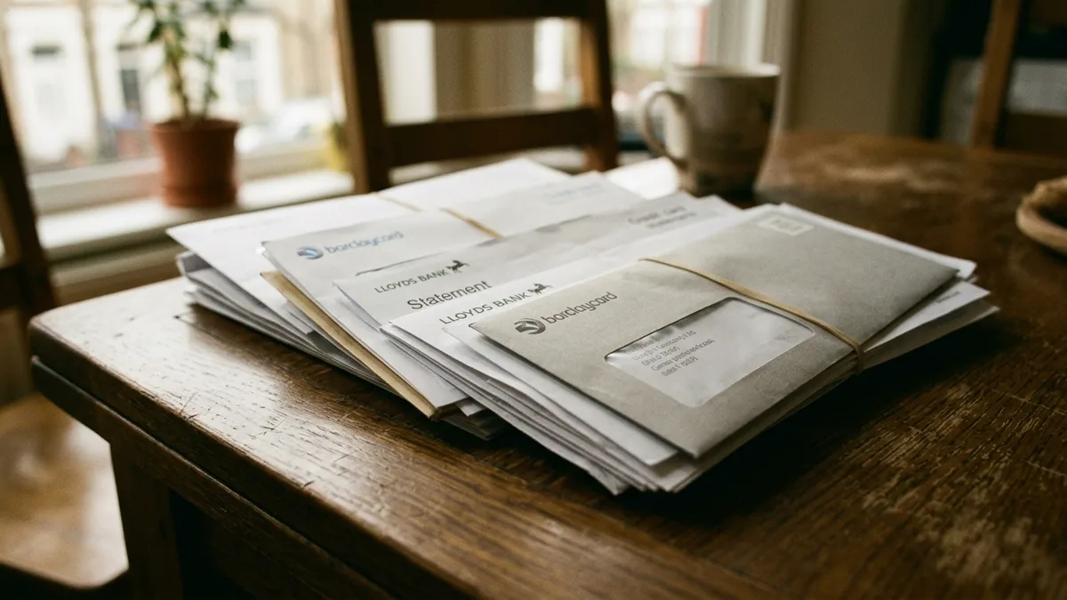 A bundle of unopened statements and bills stacked on a kitchen table