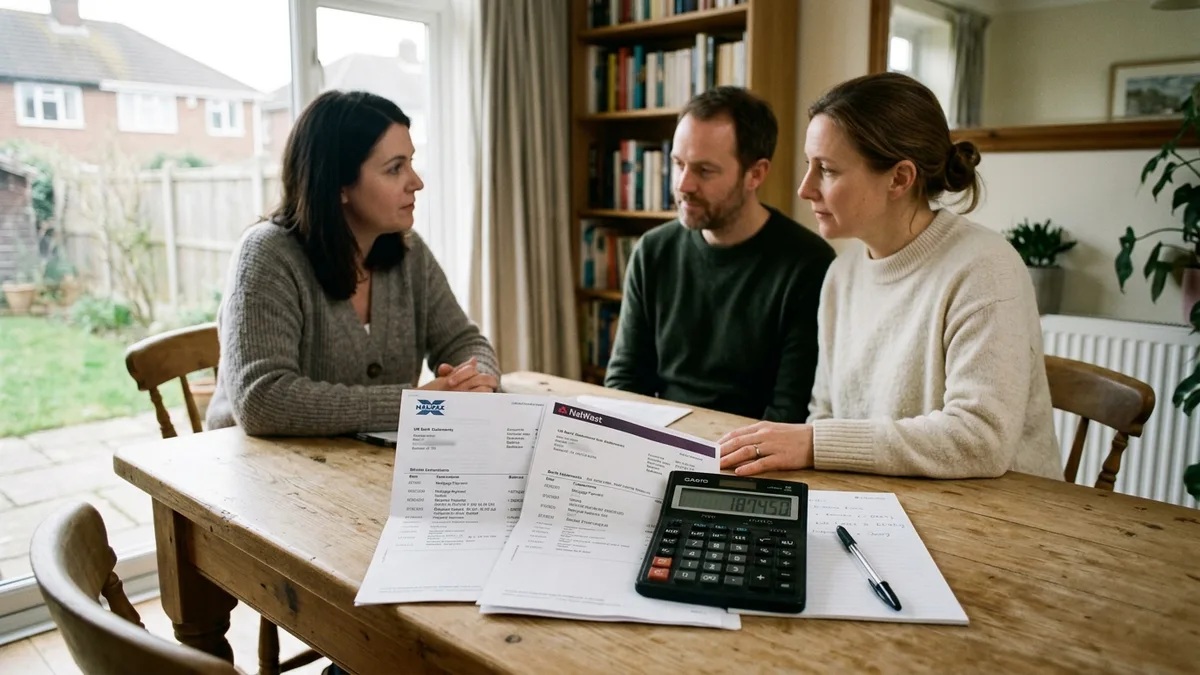 A mediator with financial statements and a calculator, a couple sitting opposite