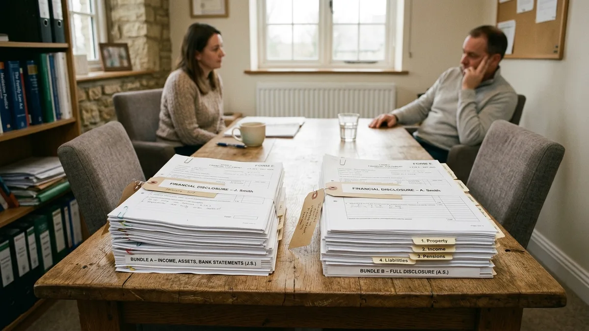 Two matched bundles of financial disclosure on a table, a couple seated behind them