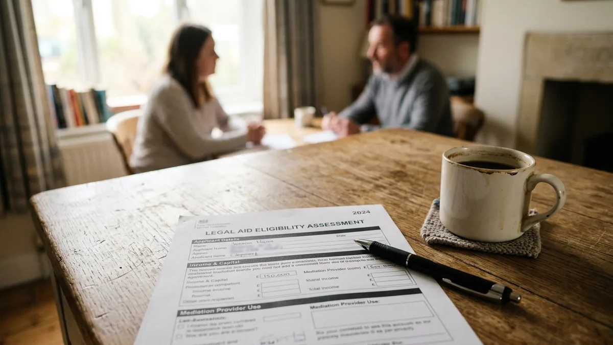 A legal aid eligibility assessment form and a mug on a table, a couple talking behind