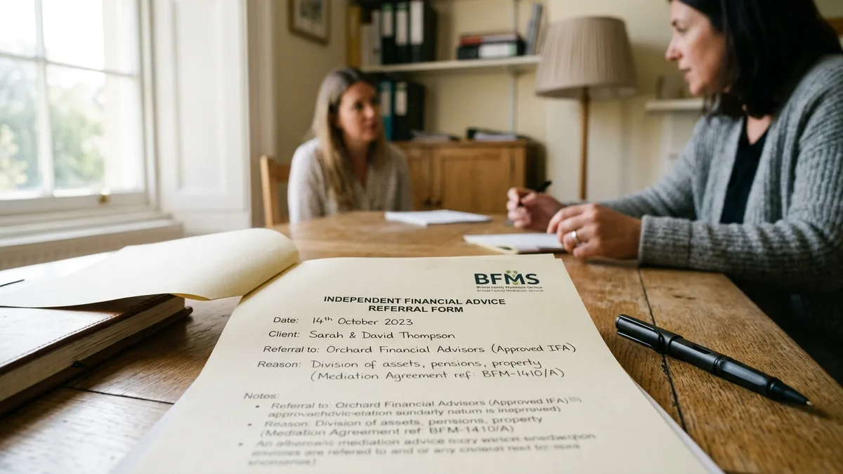 An independent financial advice referral form on a table, two women talking behind