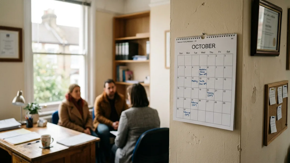 A wall calendar beside three people meeting in a small office