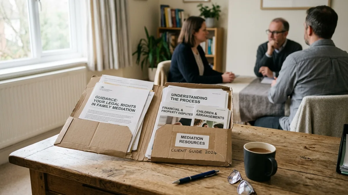 A wallet of client guidance folders on a table, three people meeting behind